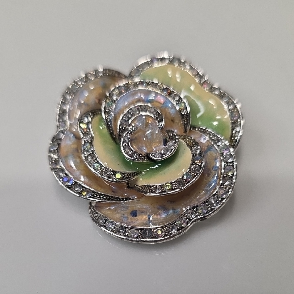 Whimsical Silver and Green Floral Brooch with Pastel Colors